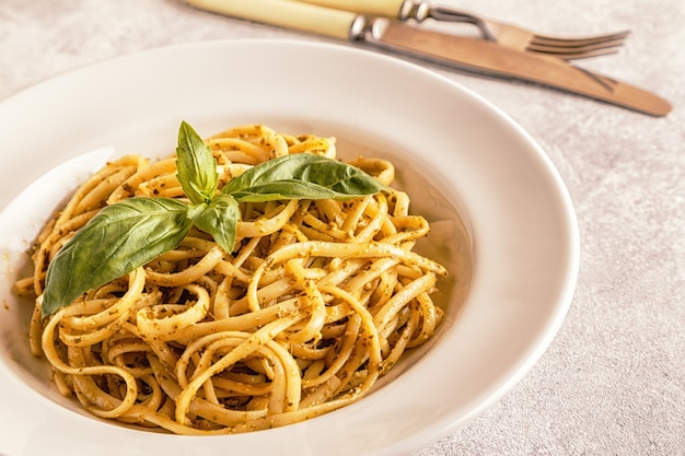 Pasta with homemade pesto sauce 