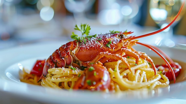 Pasta with lobster served on a plate