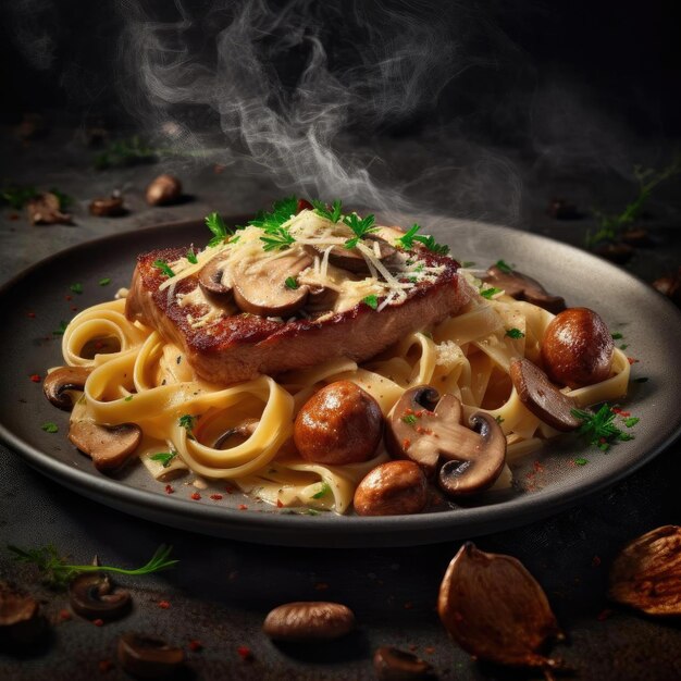 Pasta with meat mushrooms and parmesan cheese on dark background