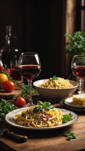 Pasta with meat vegetables and wine