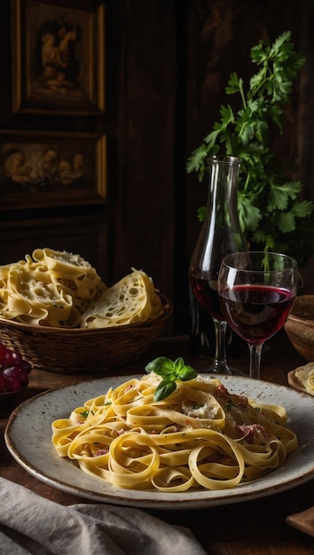 Pasta with meat vegetables and wine