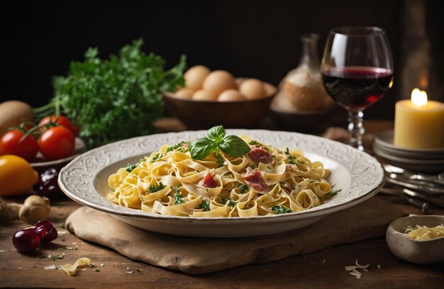 Pasta with meat vegetables and wine