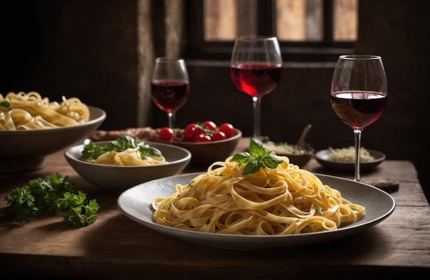 Pasta with meat vegetables and wine