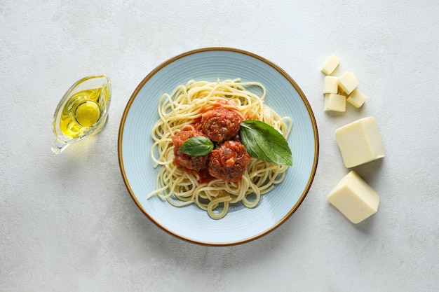 Pasta with meatballs concept of tasty and delicious food