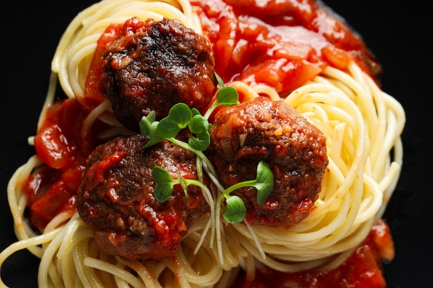 Pasta with meatballs concept of tasty and delicious food