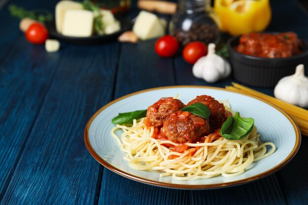 Pasta with meatballs concept of tasty and delicious food