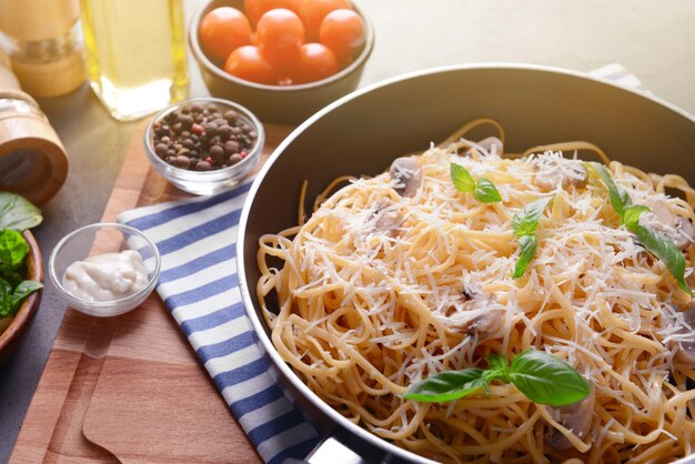 Pasta with mushrooms sauce in pan closeup