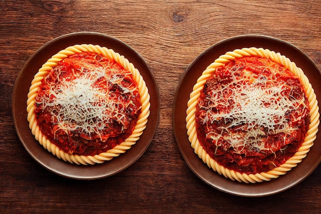 Pasta with parmesan tomato spices and lasagna sauce on plates on wooden table