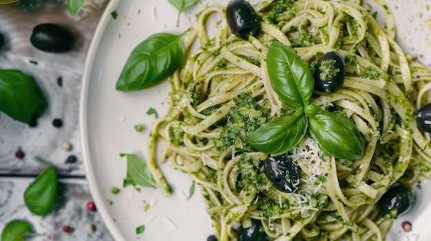 Photo pasta with pesto and olives in ceramic bowl gourmet and mediterranean cuisine concept