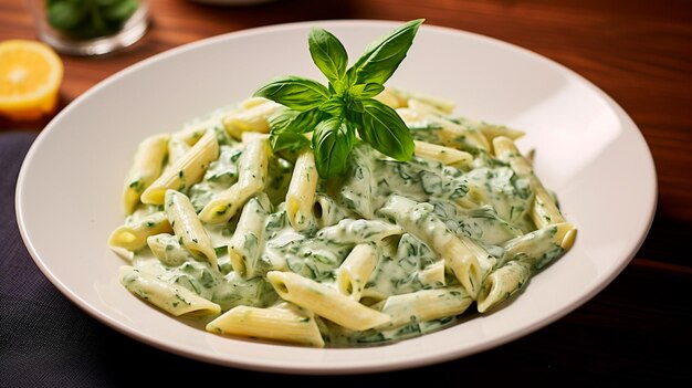 pasta with pesto sauce and basil in white plate on a wooden table