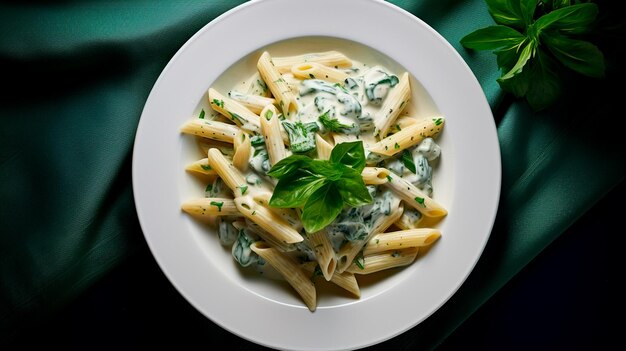 pasta with pesto sauce and basil in white plate on a wooden table