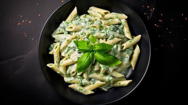 pasta with pesto sauce and basil in white plate on a wooden table
