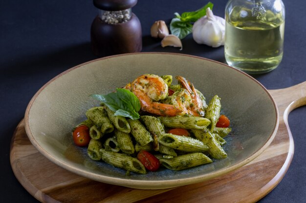 Pasta with prawn in homemade pesto sauce