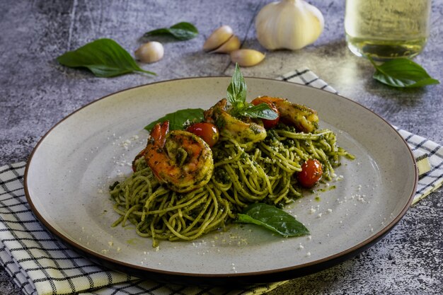 Pasta with prawn in homemade pesto sauce