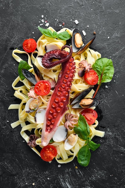 Pasta with seafood Seafood Top view Free copy space