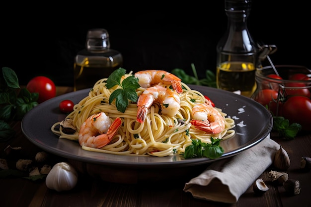 Pasta with shrimps garlic and olive oil