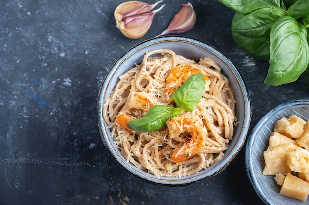 Pasta with shrimps in a plate.