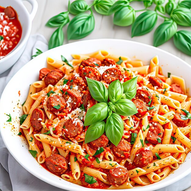 Pasta with spicy tomato sauce and basil