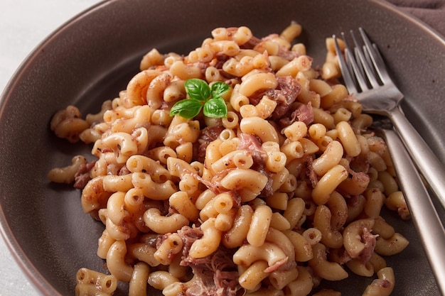 Pasta with stewed meat pasta in the navy horns homemade no people