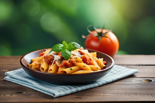 Pasta with tomato sauce and basil on a plate