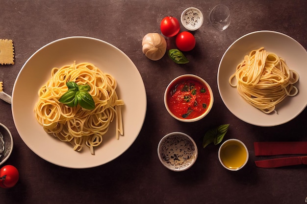 Pasta with tomato sauce, cheese and basil on table in the kitchen(Selective Focus). 2D Illustration.