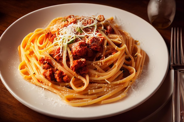 Pasta con salsa di pomodoro, formaggio e basilico sul tavolo in cucinaselective focus 2d illustration