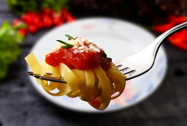 Pasta with tomato sauce on fork