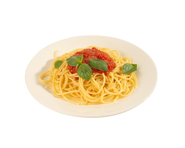 Pasta with tomatoes and basil on a white background