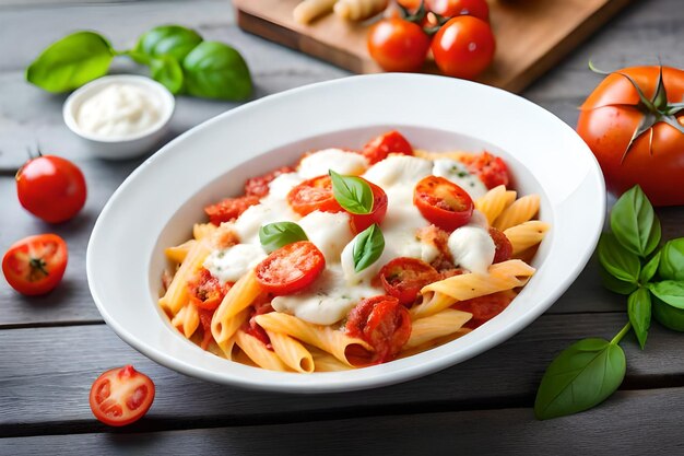 pasta with tomatoes and basil on a wooden table