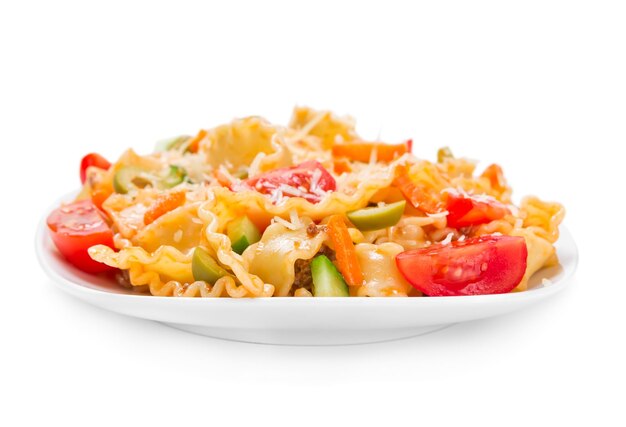 Pasta with tomatoes and parmesan isolated on white background