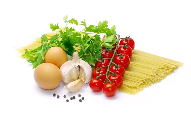 Pasta with tomatoes on a white background