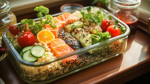 トレイに植えられた野菜と魚のパーツのパスタ