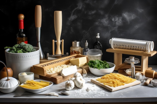 Foto pastaproductiestation met rolling pin kaasgrater en andere gereedschappen gemaakt met generatieve ai