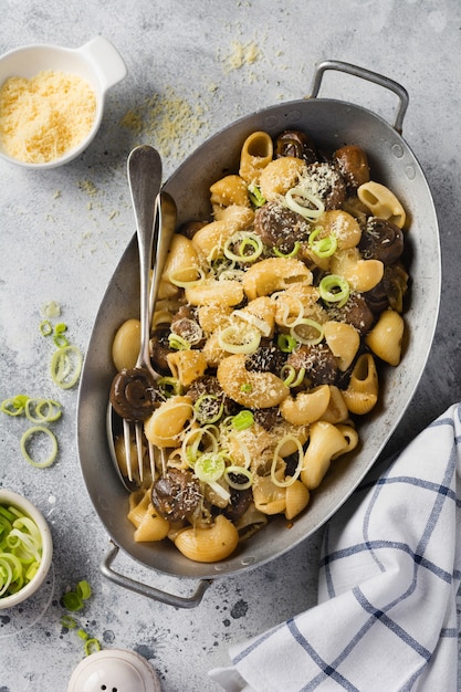 Paste Pipa Rigate and Mushrooms champignon fried in soy sauce, with pepper, parmesan cheese and steamed onions in an old metal bowl on an old vintage table