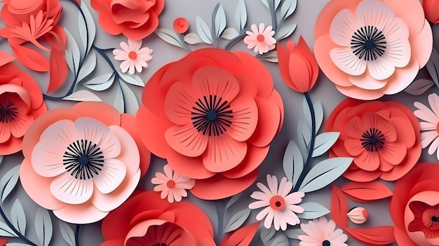Pastel background with red flowers in paper cut style