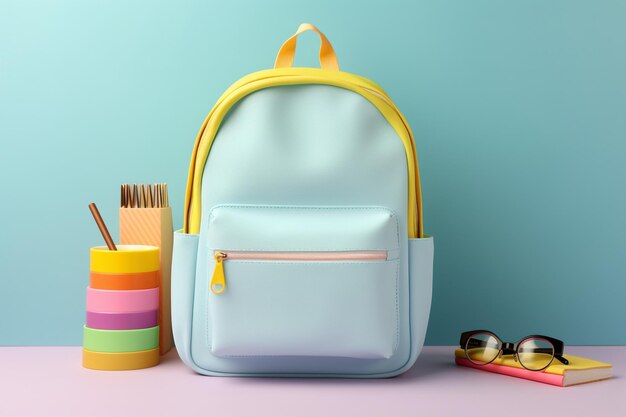 Pastel backpack with school supplies on table back to school concept