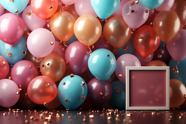 Pastel ballon verjaardag frame confetti bovenaanzicht mockup