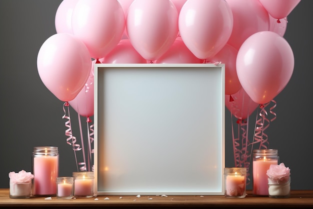 Pastel balloon frame confetti pink table top view mockup