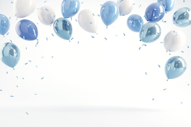 Pastel balloons and confetti on blue background