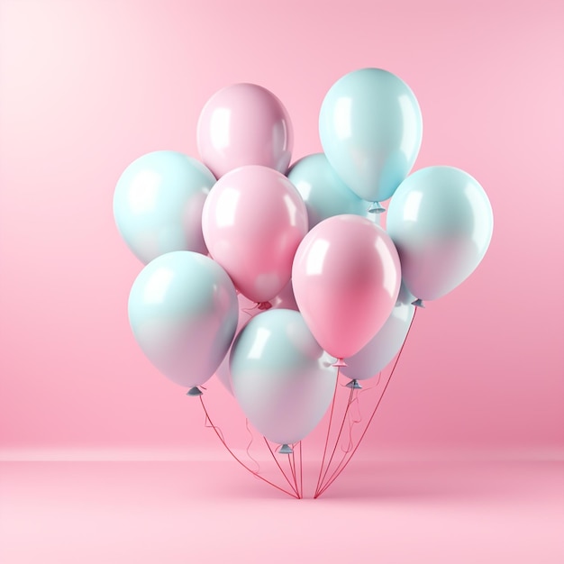 Pastel balloons on pink background 3d rendering Birthday party background Copy space