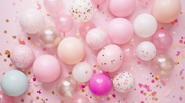 Pastel balloons and white confetti