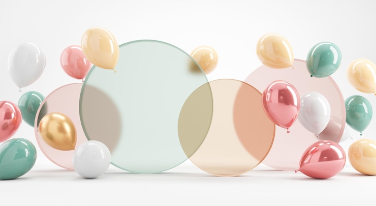 Pastel balloons with circle glass on pink background