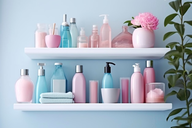 A pastel bathroom shelf with pink skincare products copy space banner pink and pastel blue bright palette barbiecore ai generative