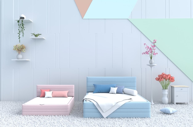 Pastel bed room for warm family. 3D render.