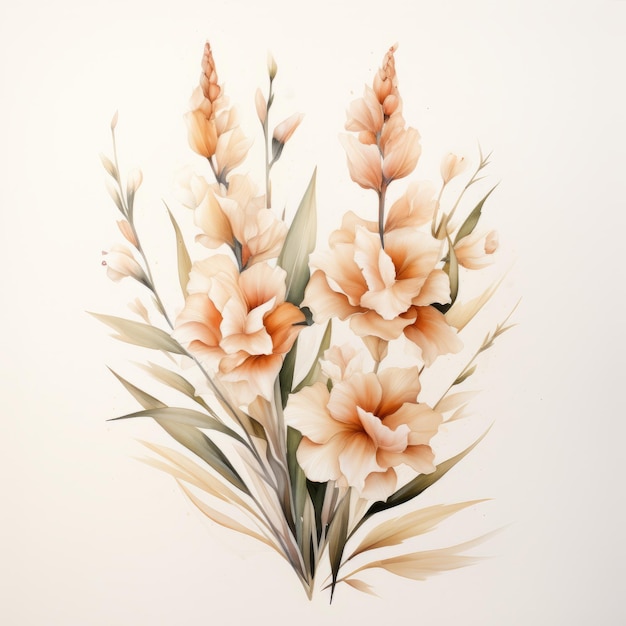 Pastel Beige Gladiolus Eucalyptus Watercolor Illustration On White Background