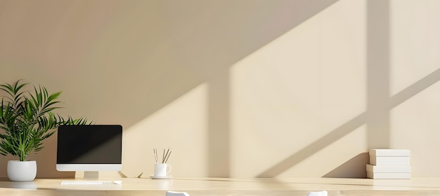 Pastel beige minimalist office desk table deep shadows mockup model