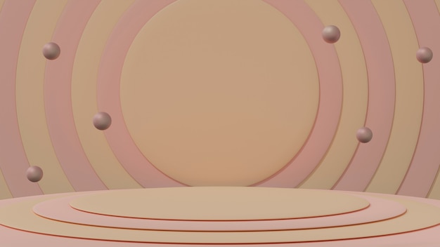 Pastel beige and pink minimal multiple circles geometric stage display with floating rose gold ball, modern backdrop, 3d rendering