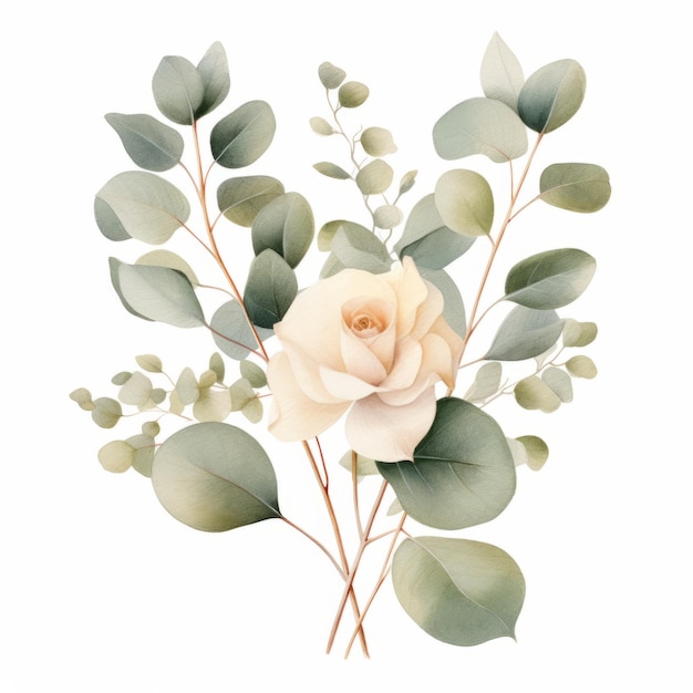 Pastel Beige Rose Eucalyptus Watercolor Illustration On White Background