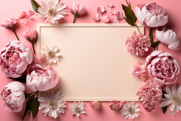 Pastel bloemen frame met pioen en bloemblaadjes op roze achtergrond top view