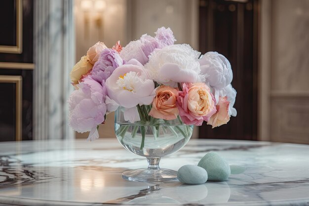 Photo pastel blooms in crystal vase on marble tabletop created with generative ai